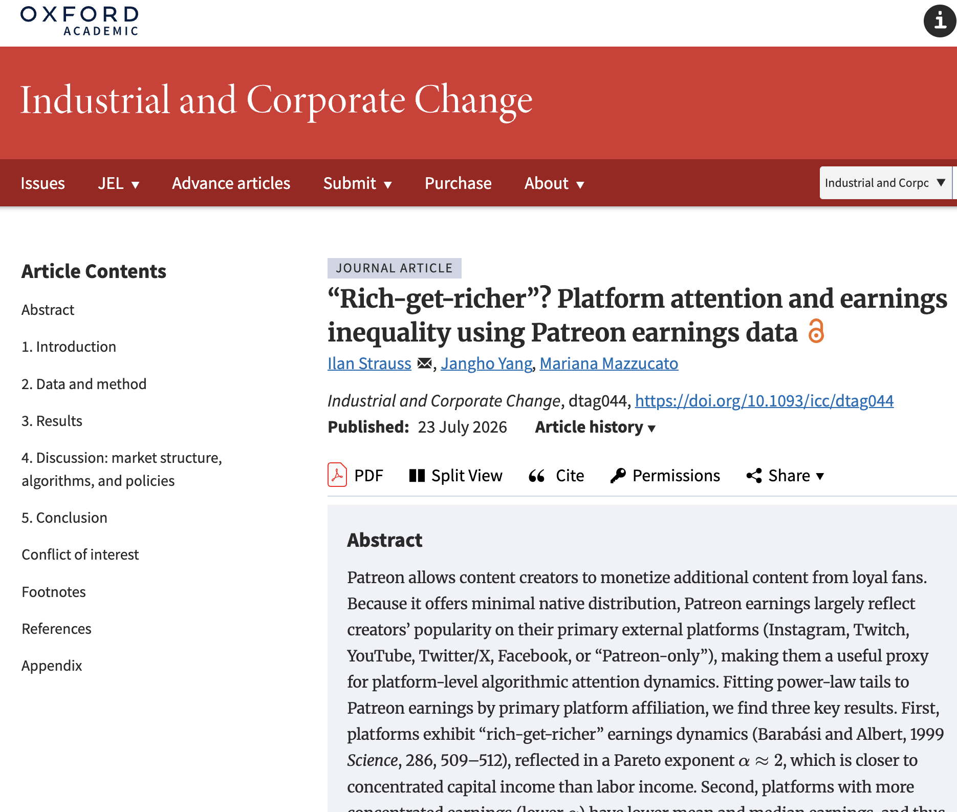 Oxford Academic listing for &lsquo;Rich-get-richer&rsquo;? Platform Attention and Earnings Inequality (Industrial and Corporate Change)