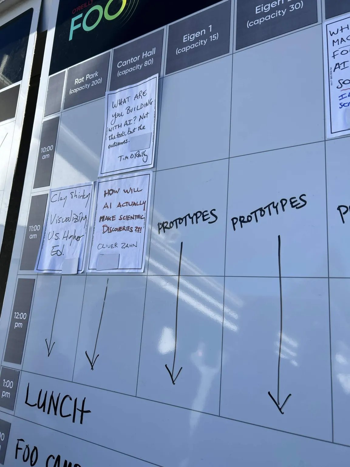 Sunday's session board at Lighthaven, with prototype sessions marked across several rooms from 11 am to 1 pm